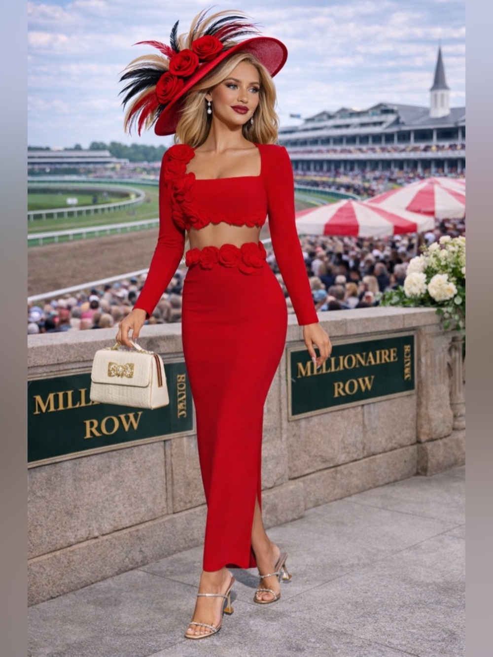 Red Maxi Two-Piece Evening Dress with Floral Appliqué